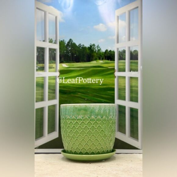 Celadon Green/Blue Ceramic Planter with Saucer Attached - Picture 9 of 9